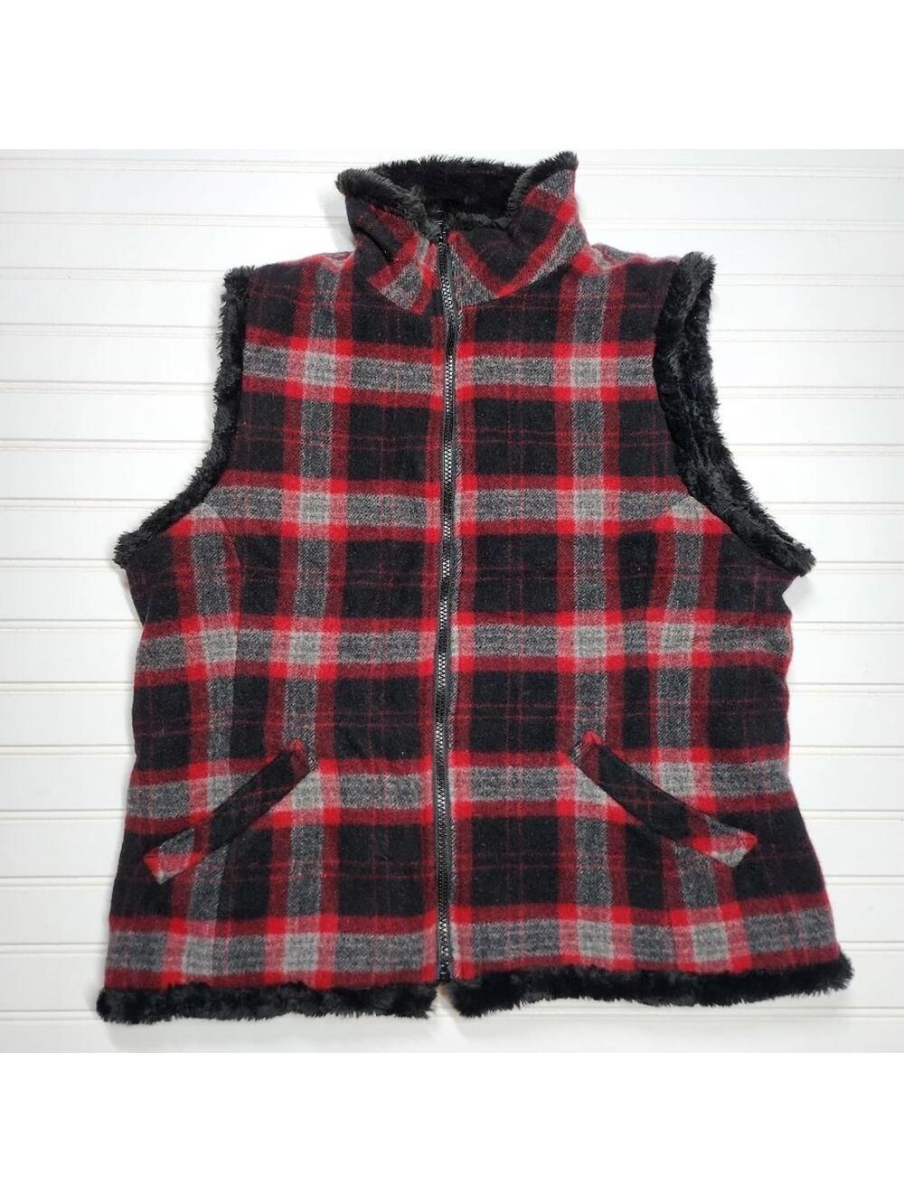 Cozy Red and Black Plaid Fleece Vest Woolrich Faux Fur Lined Large
